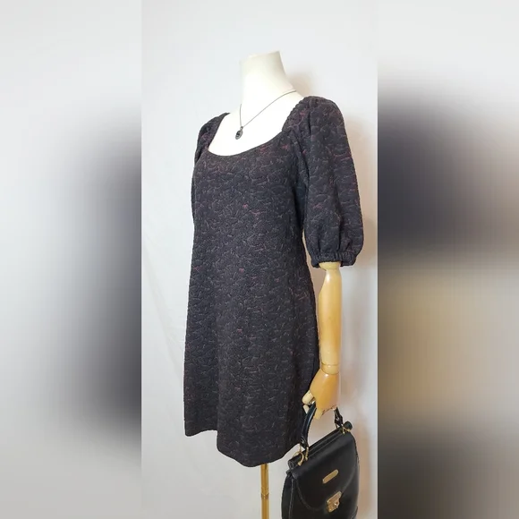 Free People Mini Dress Black Sunset Puff Sleeve Jacquard Knit, Size M - Picture 2 of 6